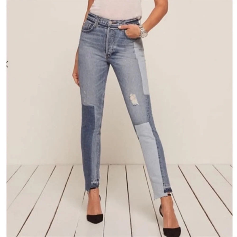 Reformation High Waisted Skinny Patch Distressed Jeans